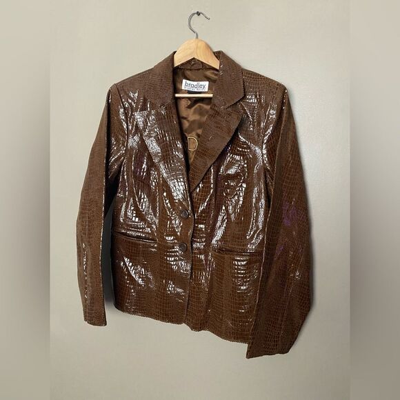 BRADLEY BAYOU brown leather coat shiny crocodile embossed Y2K Glam vintage sz L - Picture 4 of 14